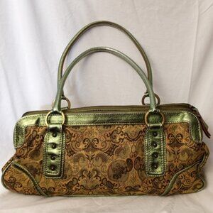 STEFANO GENOVESE Chic! 💚 Metallic Green Leather & Tapestry Bowling Bag